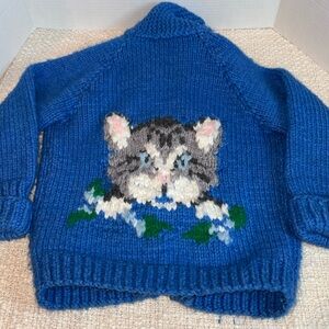 Vintage Handmade Cowichan Cat Sweater Blue Medium 7/8